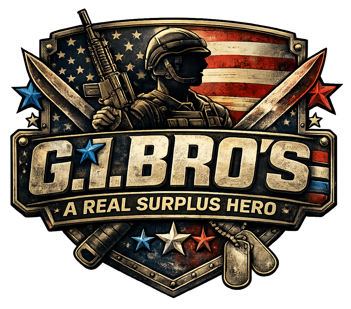 G.I. BRO'S military surplus logo with patriotic shield and soldier artwork